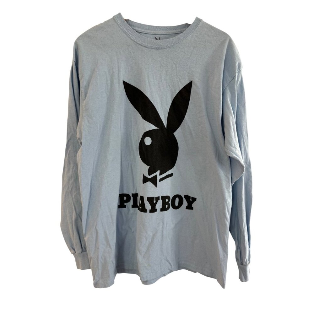 Playboy Long Sleeve Mens L Blue Graphic Logo Tee 100% Cotton Crewneck Honduras